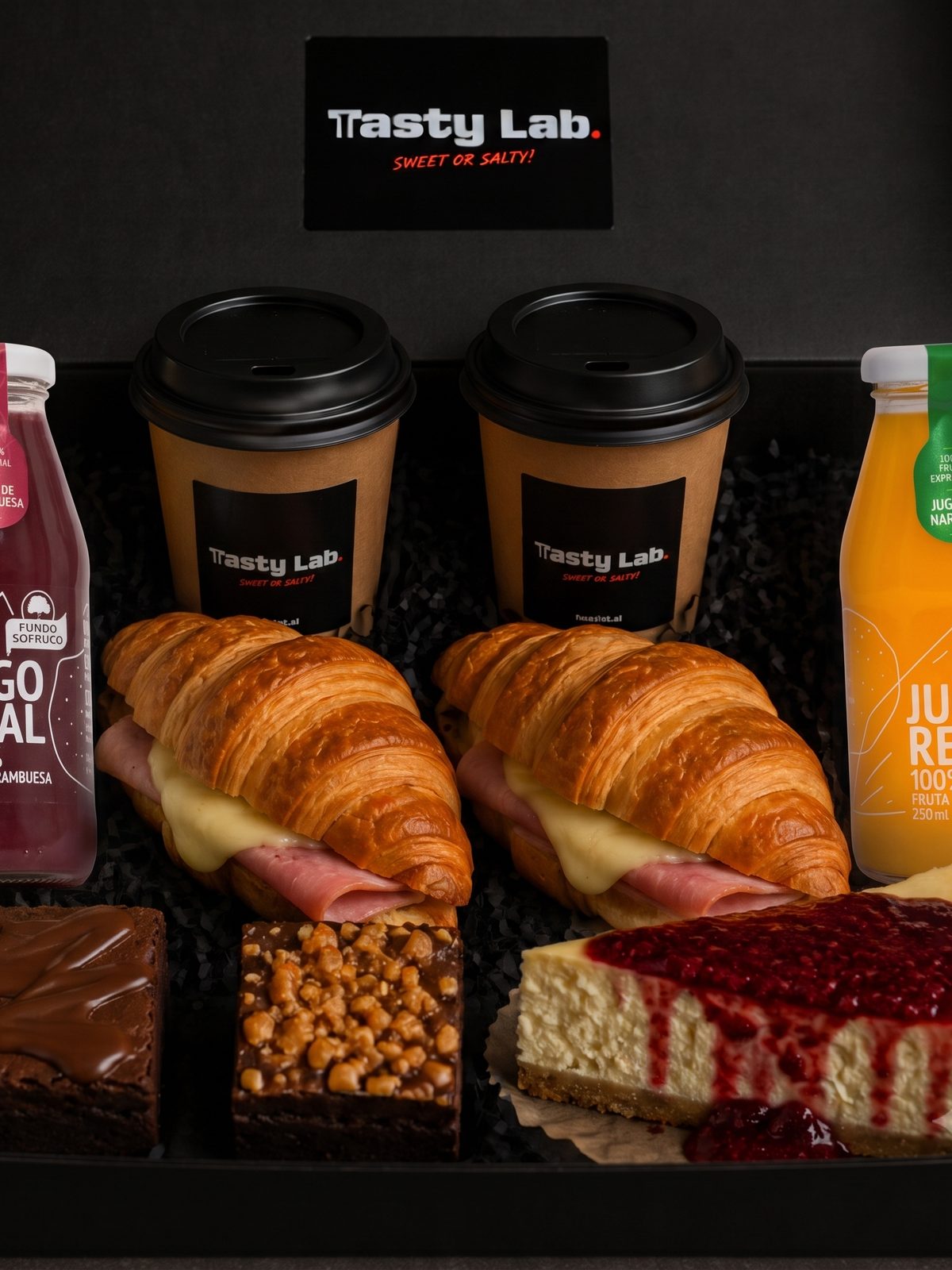 Caja Tasty Lab con cafés, jugos y croissants para distribución